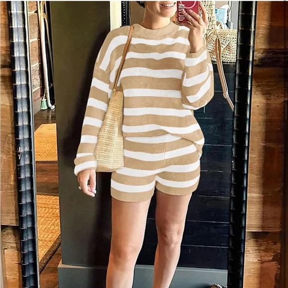 Zesica Striped Crew Neck Sweater Striped Tan and White SET - Picture 4 of 6